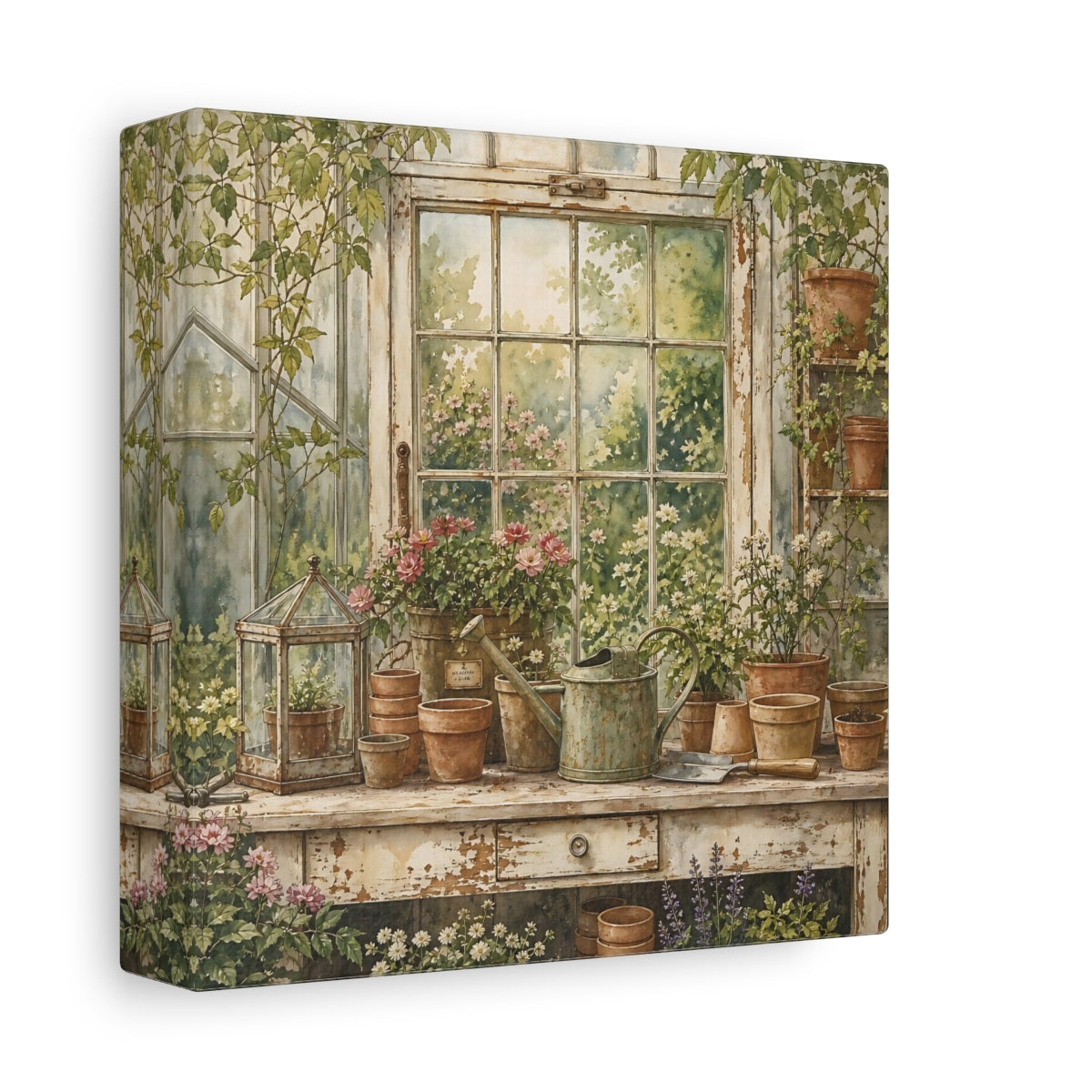 Side Mockup 2. Nature Garden Window Greenhouse Garden shown as stretched canvas wall art
