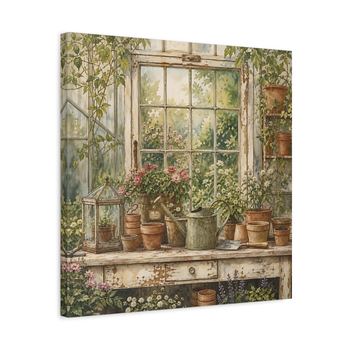 Side Mockup 5. Nature Garden Window Greenhouse Garden shown as stretched canvas wall art