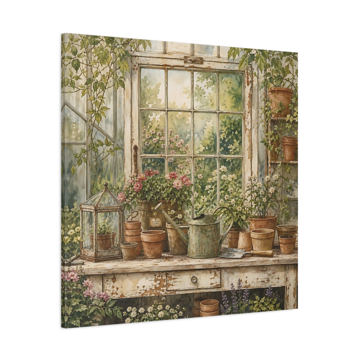 Side Mockup 1. Nature Garden Window Greenhouse Garden shown as stretched canvas wall art