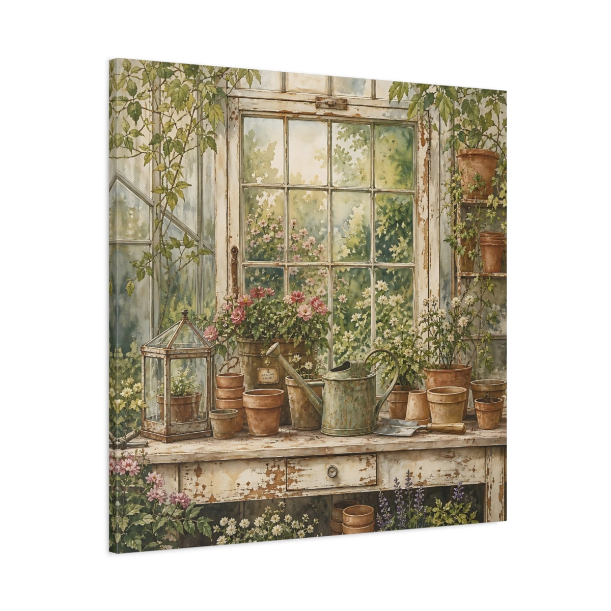 Main Mockup. Nature Garden Window Greenhouse Garden shown as stretched canvas wall art
