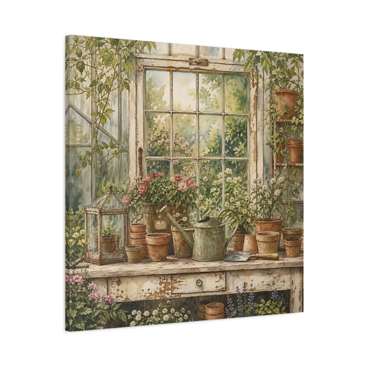Main Mockup. Nature Garden Window Greenhouse Garden shown as stretched canvas wall art