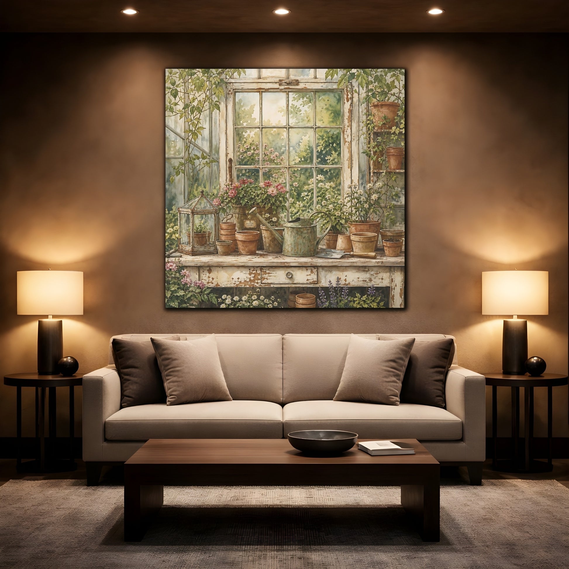 Mockup 2. Nature Garden Window Greenhouse Garden shown as stretched canvas wall art