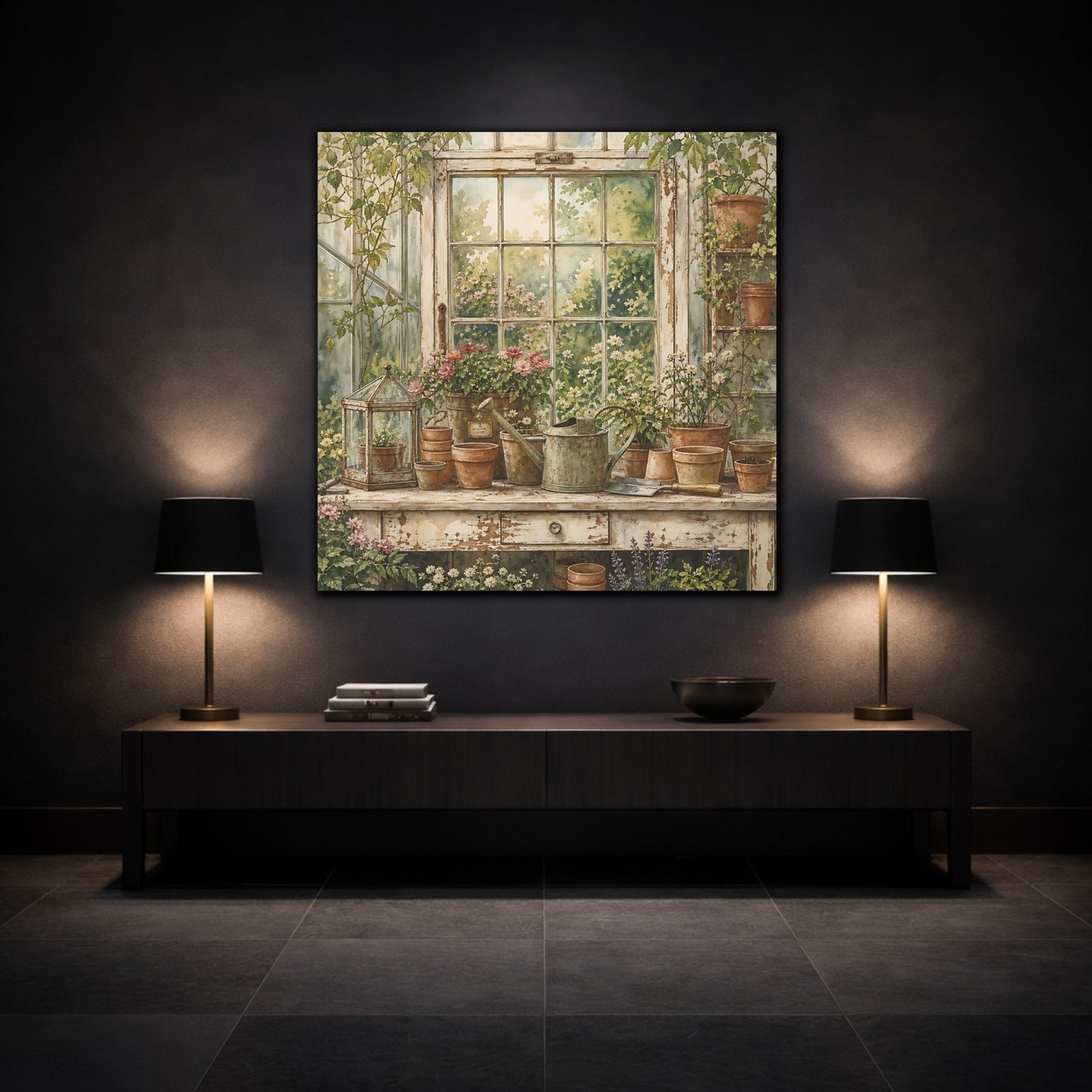 Mockup 3. Nature Garden Window Greenhouse Garden shown as stretched canvas wall art