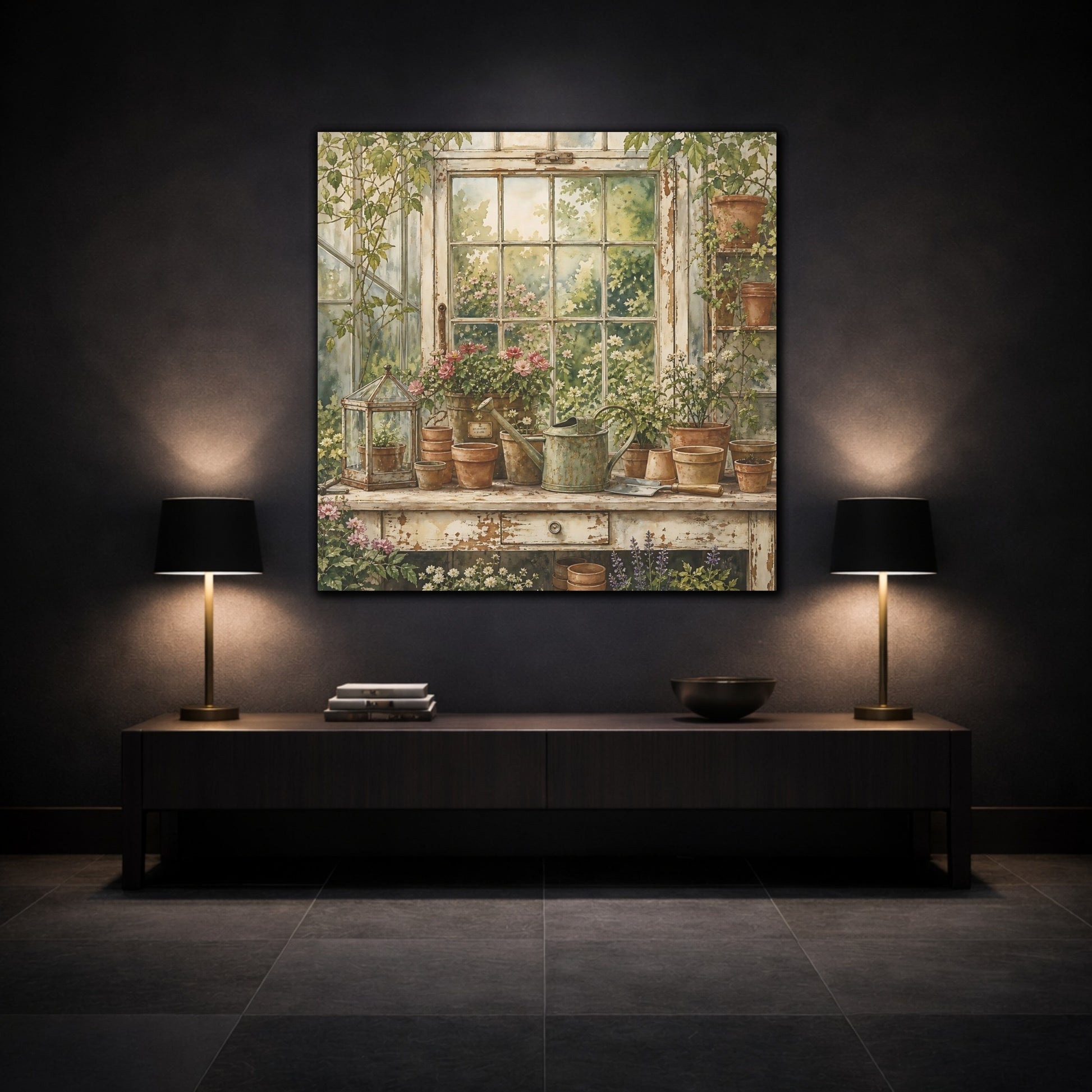 Mockup 3. Nature Garden Window Greenhouse Garden shown as stretched canvas wall art