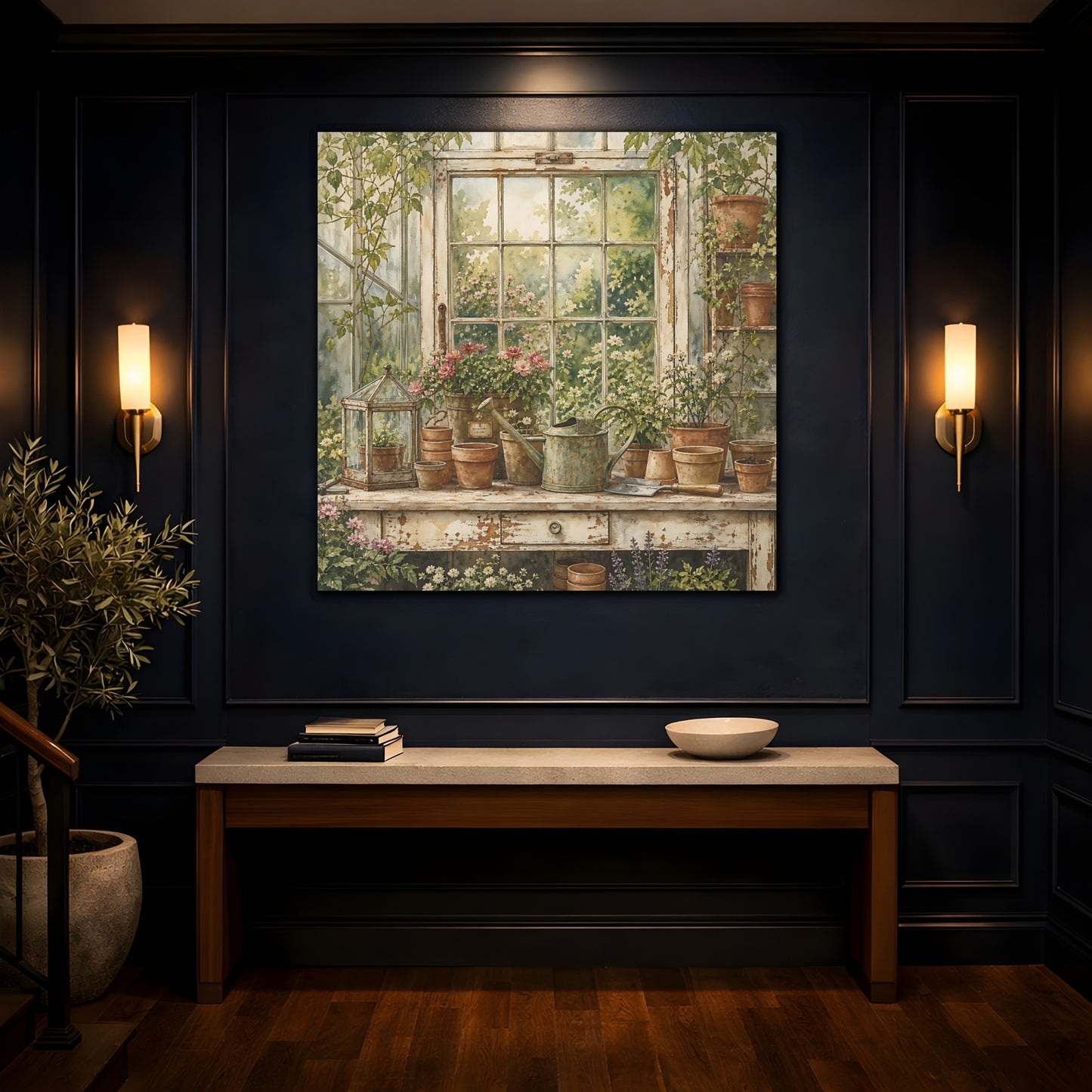 Mockup 4. Nature Garden Window Greenhouse Garden shown as stretched canvas wall art
