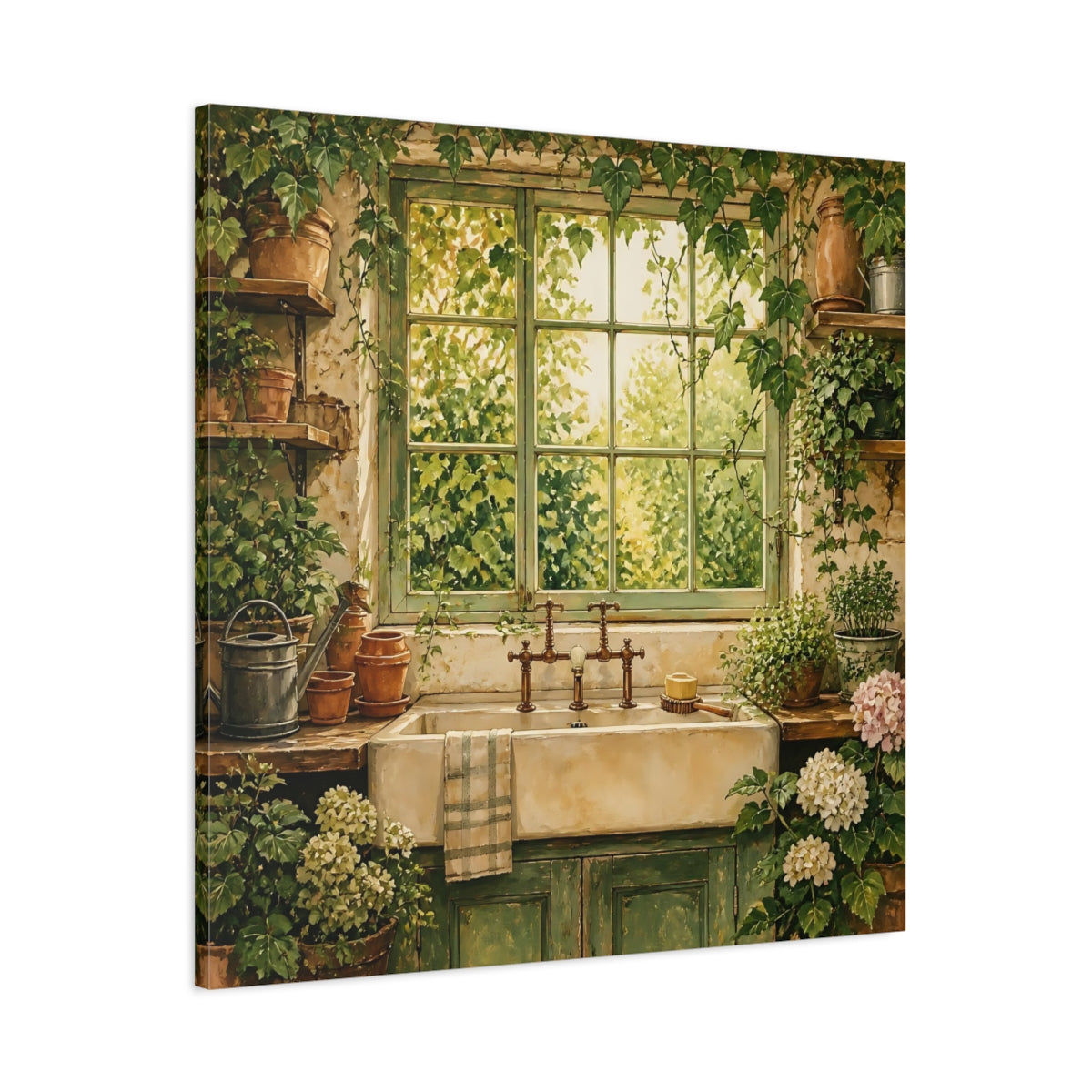 Main Mockup. Nature Garden Window Rustic Greenery shown as stretched canvas wall art