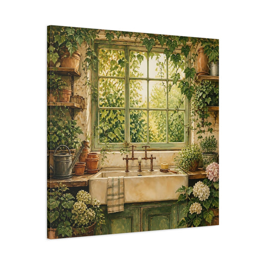 Main Mockup. Nature Garden Window Rustic Greenery shown as stretched canvas wall art