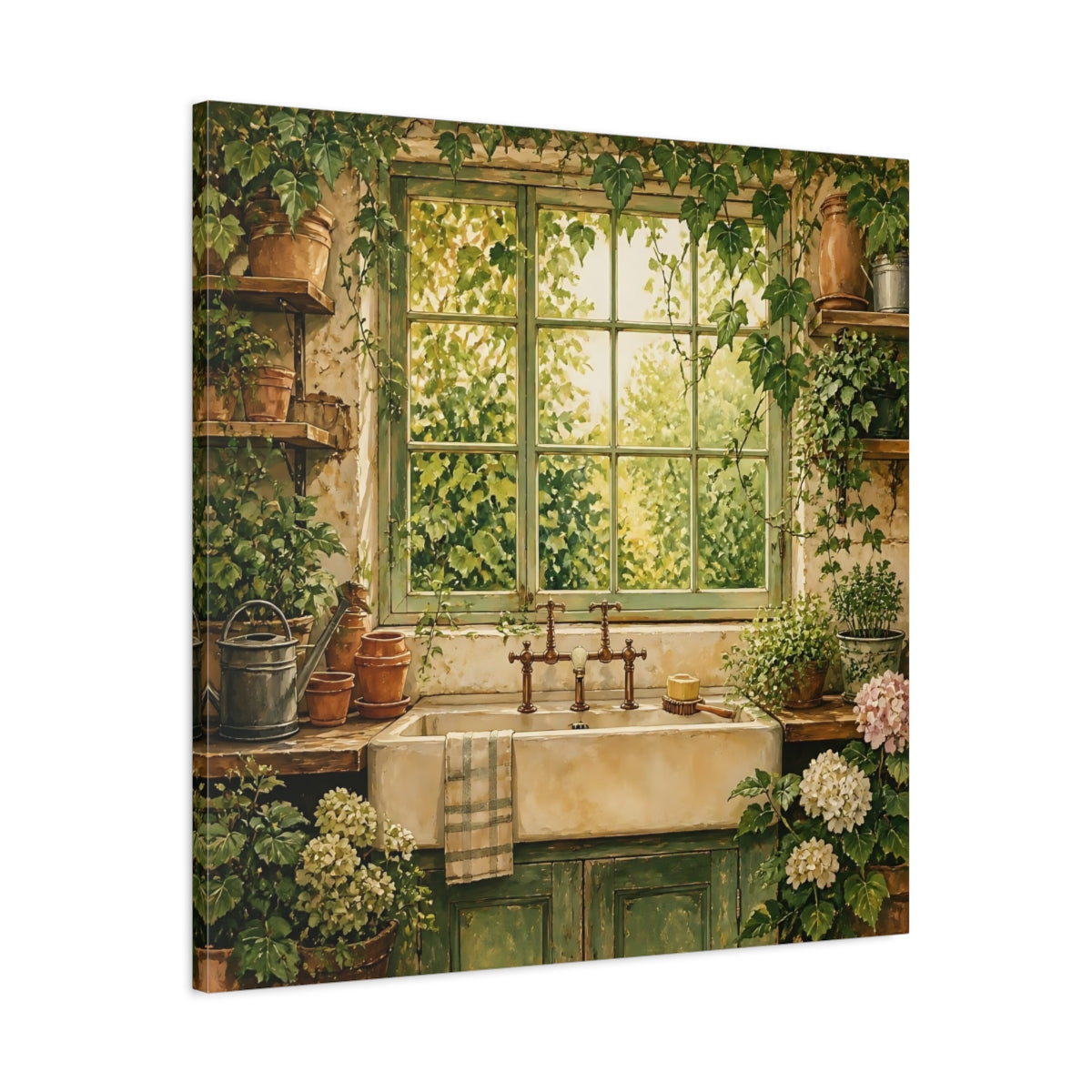 Side Mockup 3. Nature Garden Window Rustic Greenery shown as stretched canvas wall art