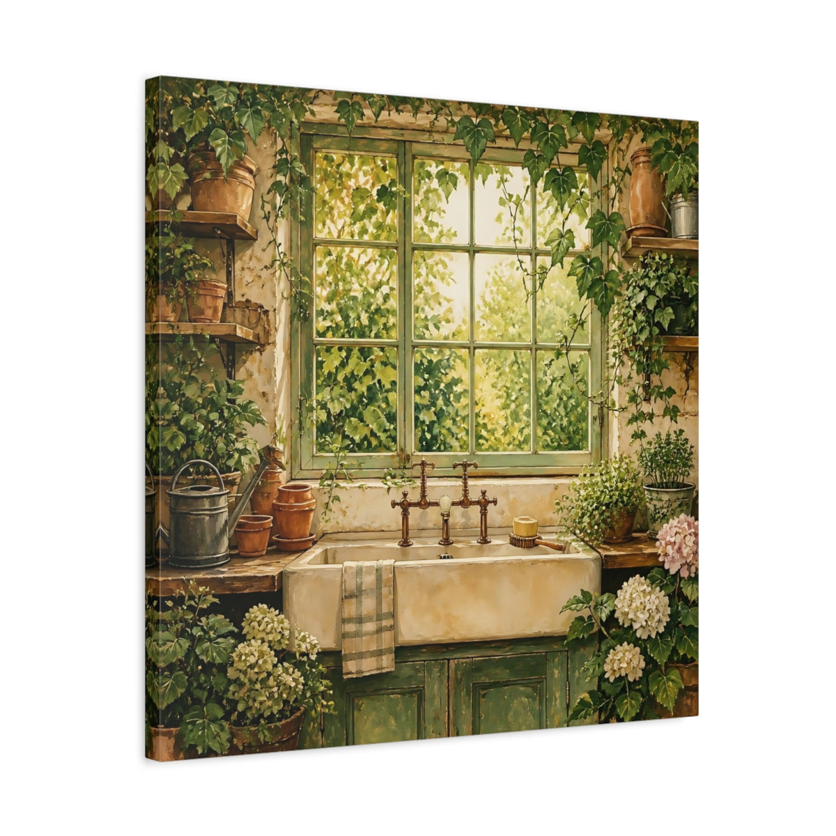 Side Mockup 4. Nature Garden Window Rustic Greenery shown as stretched canvas wall art