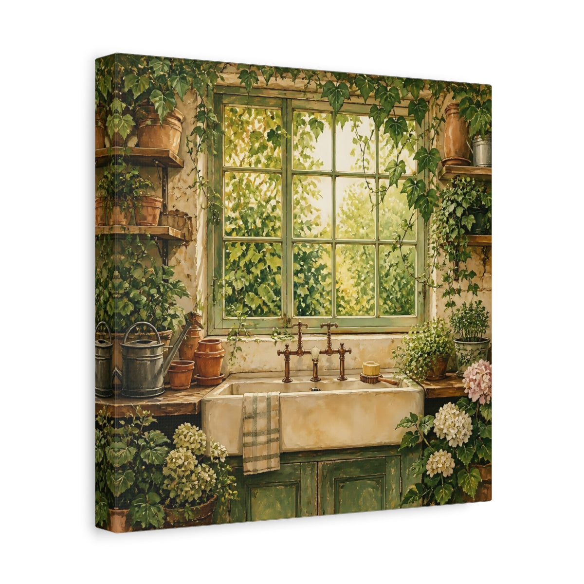 Side Mockup 8. Nature Garden Window Rustic Greenery shown as stretched canvas wall art