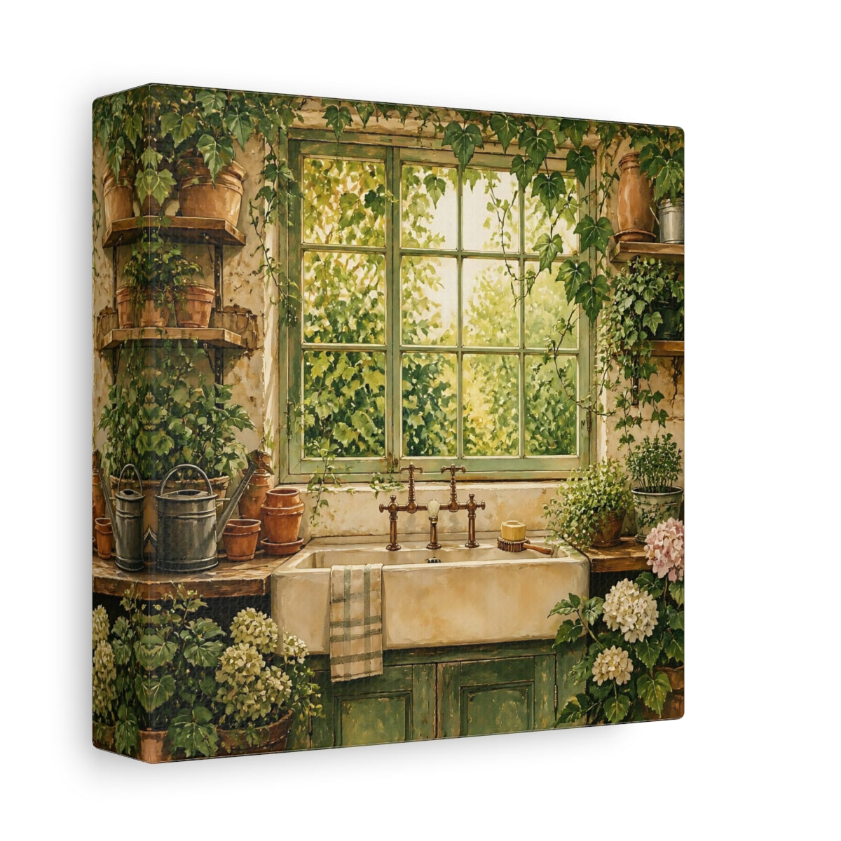 Side Mockup 2. Nature Garden Window Rustic Greenery shown as stretched canvas wall art