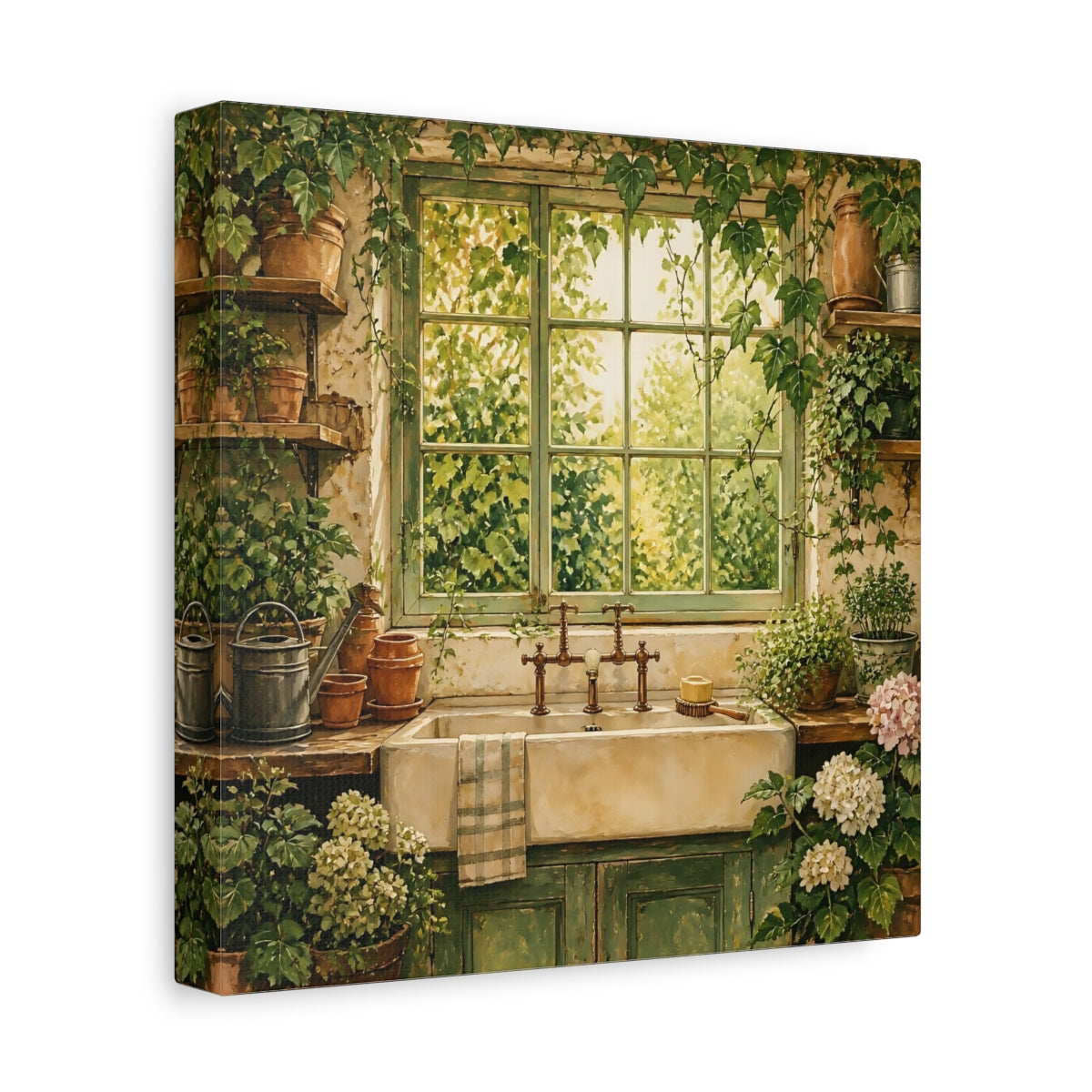 Side Mockup 9. Nature Garden Window Rustic Greenery shown as stretched canvas wall art