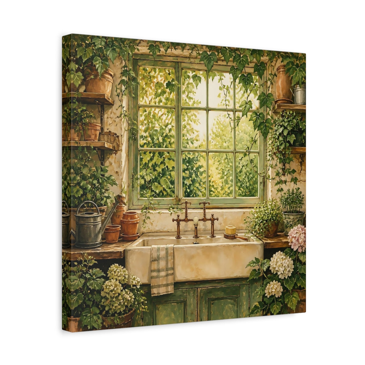 Side Mockup 6. Nature Garden Window Rustic Greenery shown as stretched canvas wall art