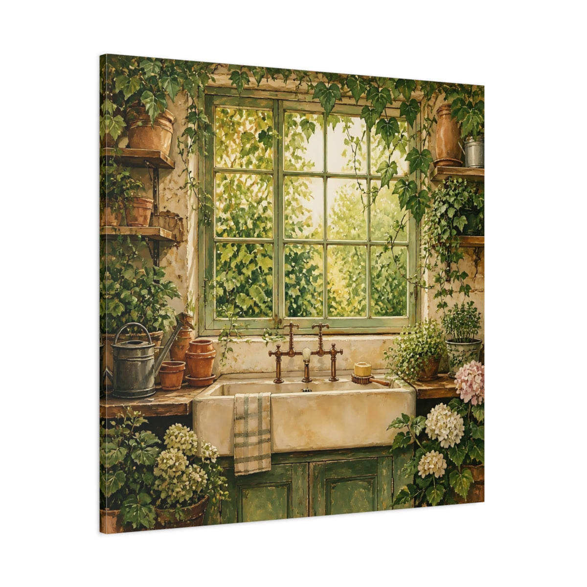 Side Mockup 1. Nature Garden Window Rustic Greenery shown as stretched canvas wall art