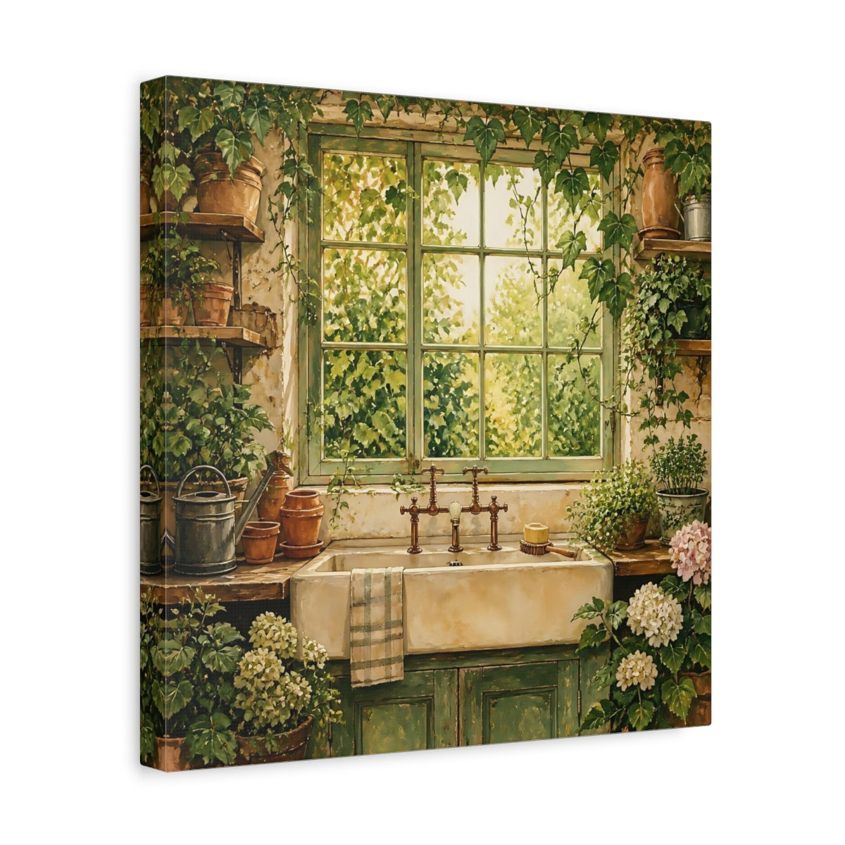 Side Mockup 7. Nature Garden Window Rustic Greenery shown as stretched canvas wall art
