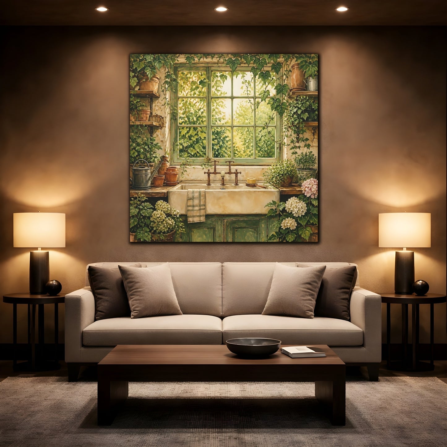 Mockup 2. Nature Garden Window Rustic Greenery shown as stretched canvas wall art