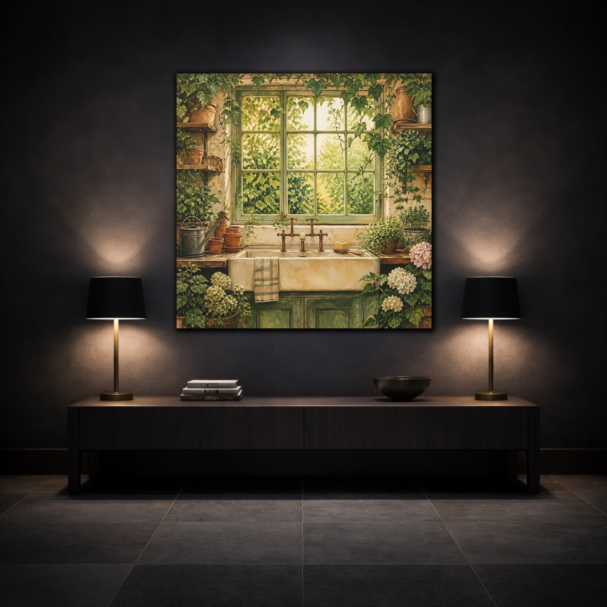Mockup 3. Nature Garden Window Rustic Greenery shown as stretched canvas wall art