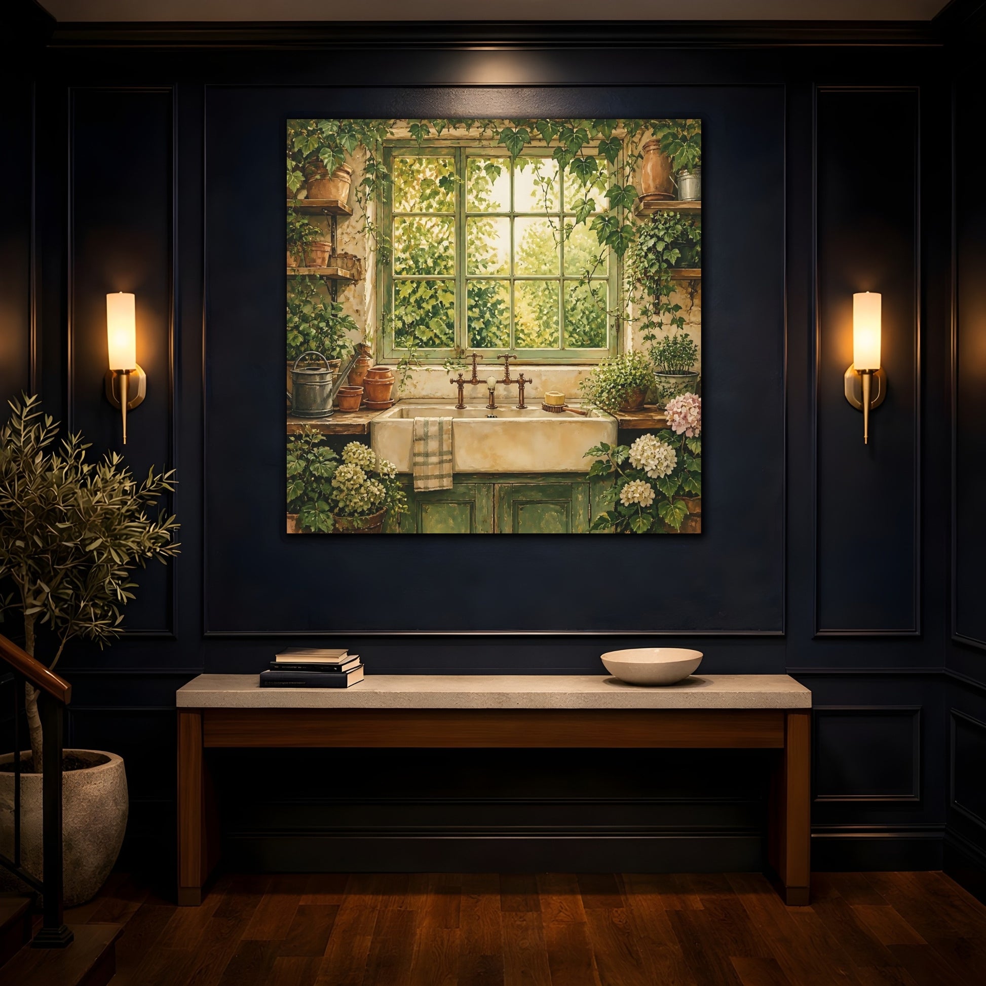 Mockup 4. Nature Garden Window Rustic Greenery shown as stretched canvas wall art