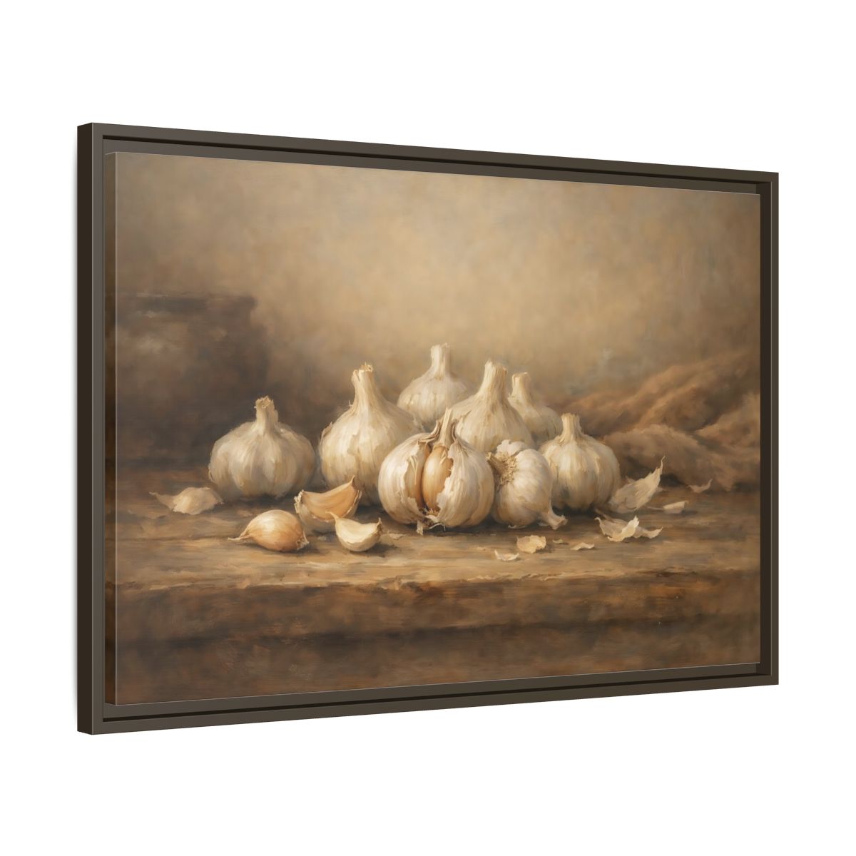 Side Mockup 11. Nature Garlic Brown And Cream Garlic shown as stretched canvas wall art