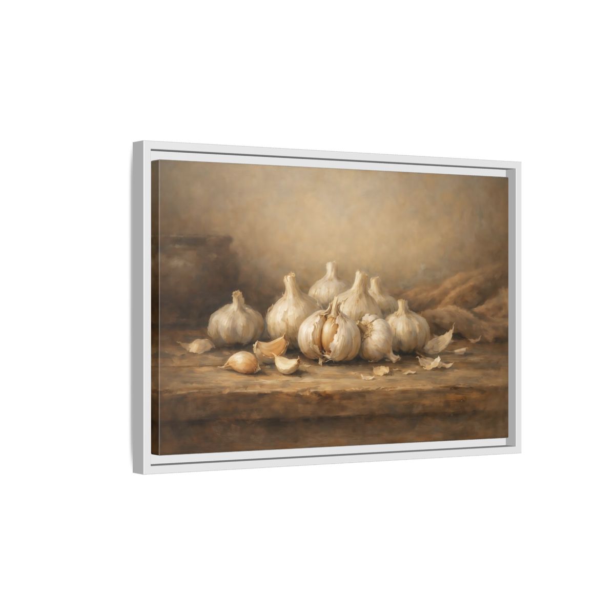Side Mockup 1. Nature Garlic Brown And Cream Garlic shown as stretched canvas wall art