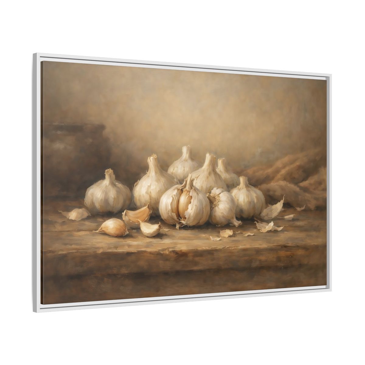 Side Mockup 7. Nature Garlic Brown And Cream Garlic shown as stretched canvas wall art