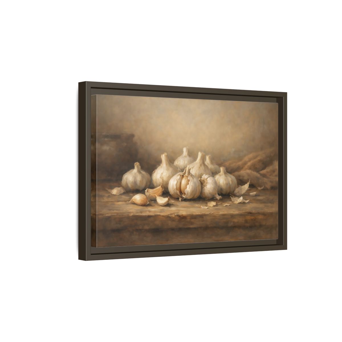 Side Mockup 5. Nature Garlic Brown And Cream Garlic shown as stretched canvas wall art