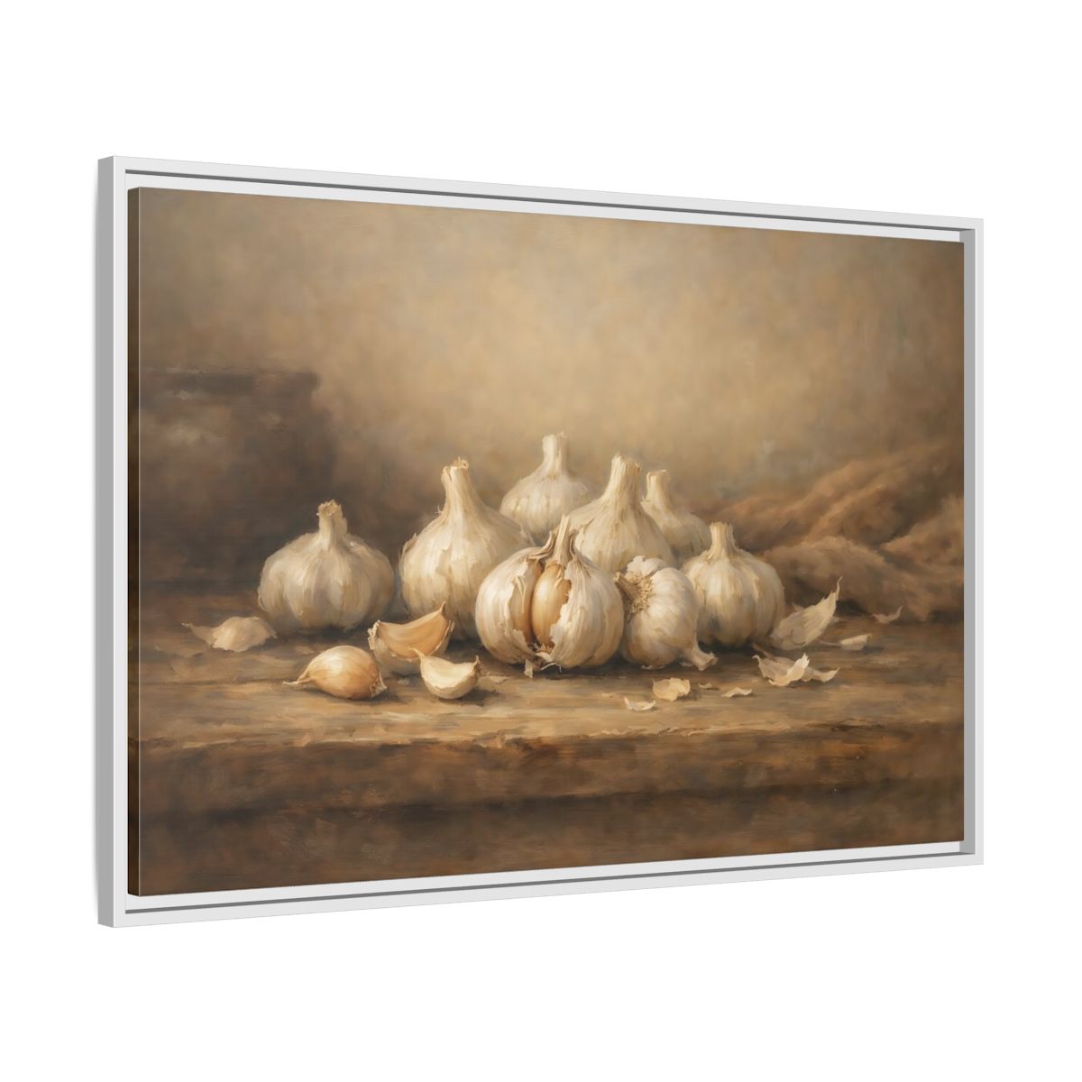 Side Mockup 8. Nature Garlic Brown And Cream Garlic shown as stretched canvas wall art