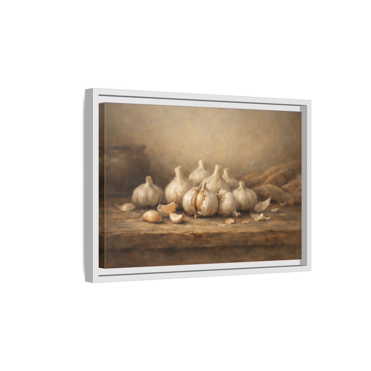 Side Mockup 4. Nature Garlic Brown And Cream Garlic shown as stretched canvas wall art