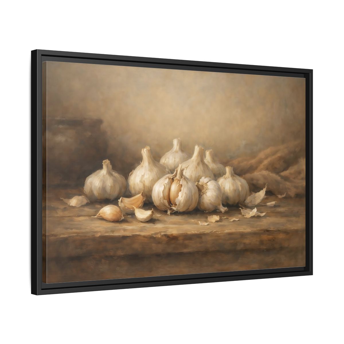 Side Mockup 14. Nature Garlic Brown And Cream Garlic shown as stretched canvas wall art