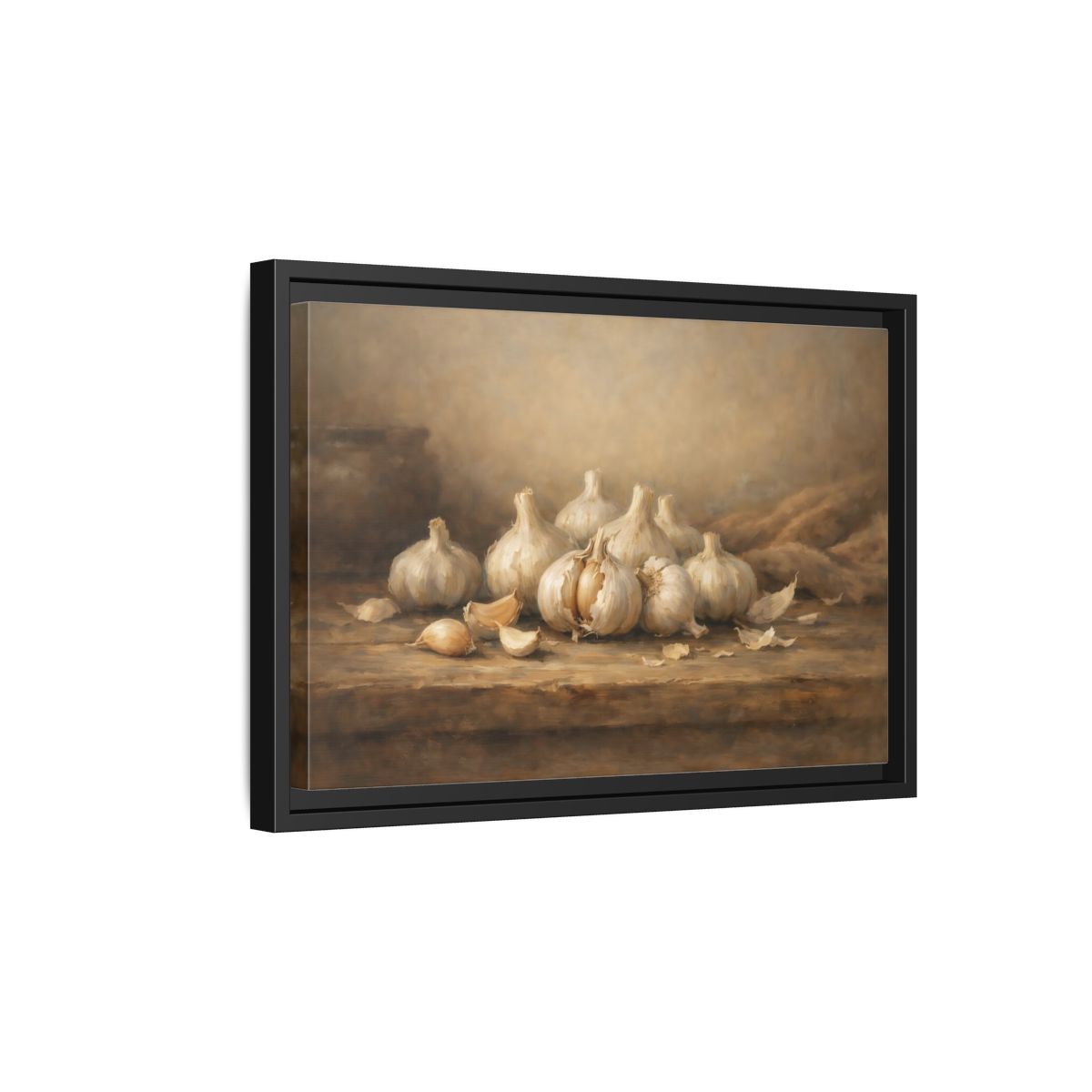 Side Mockup 6. Nature Garlic Brown And Cream Garlic shown as stretched canvas wall art