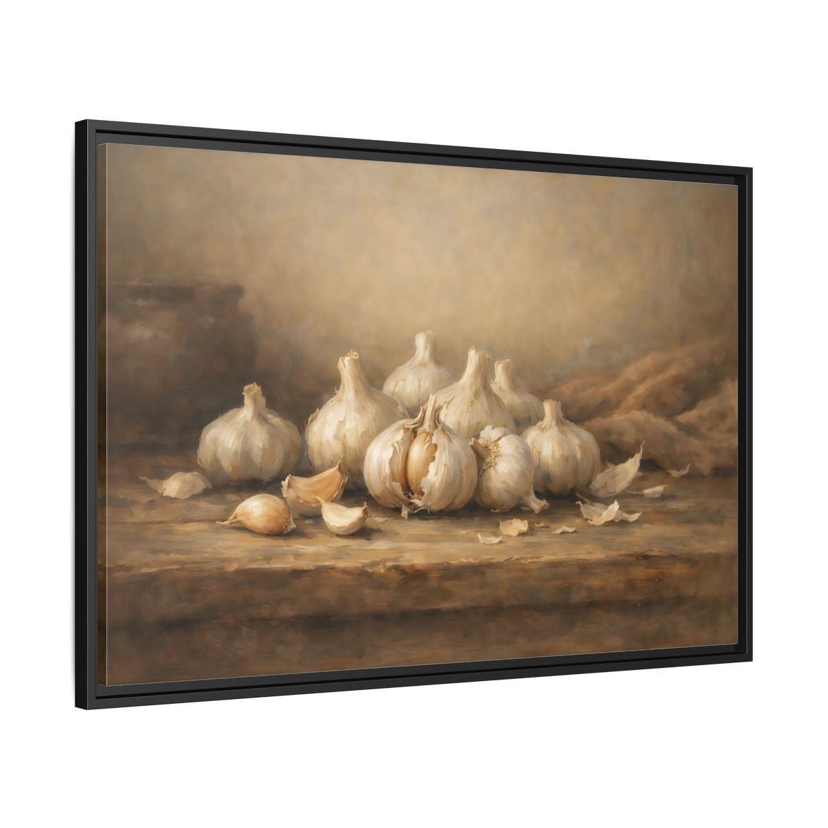 Side Mockup 13. Nature Garlic Brown And Cream Garlic shown as stretched canvas wall art