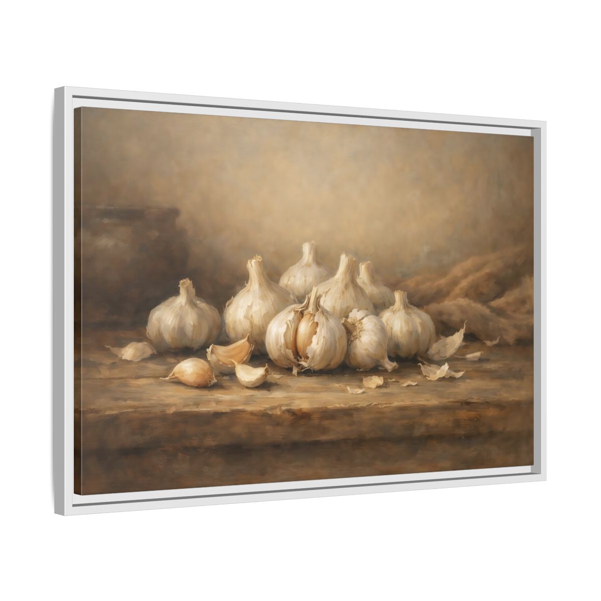 Side Mockup 10. Nature Garlic Brown And Cream Garlic shown as stretched canvas wall art
