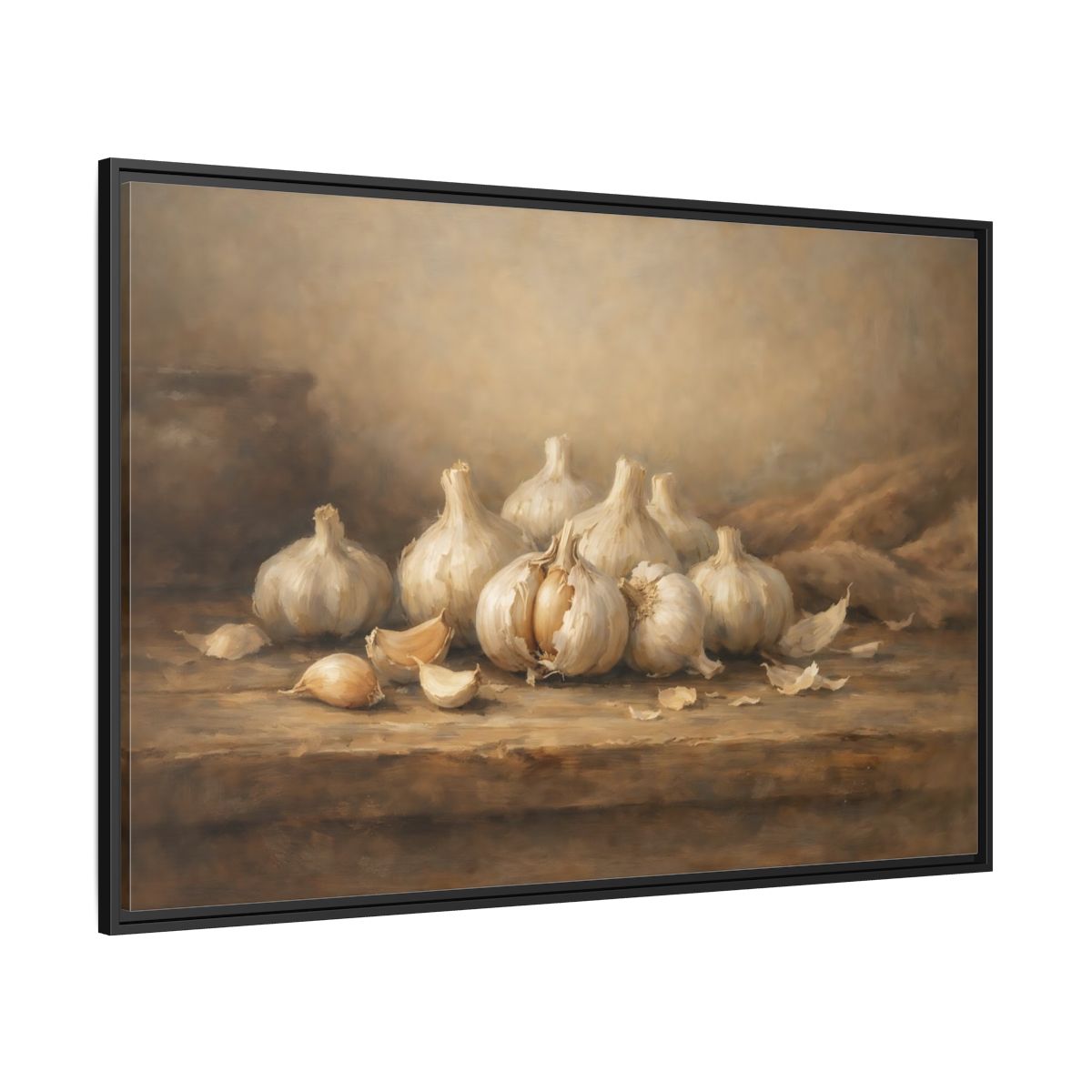 Side Mockup 12. Nature Garlic Brown And Cream Garlic shown as stretched canvas wall art