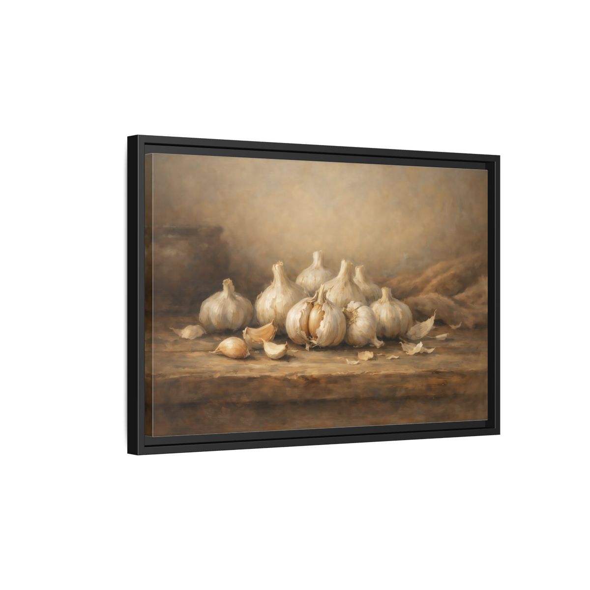 Side Mockup 3. Nature Garlic Brown And Cream Garlic shown as stretched canvas wall art