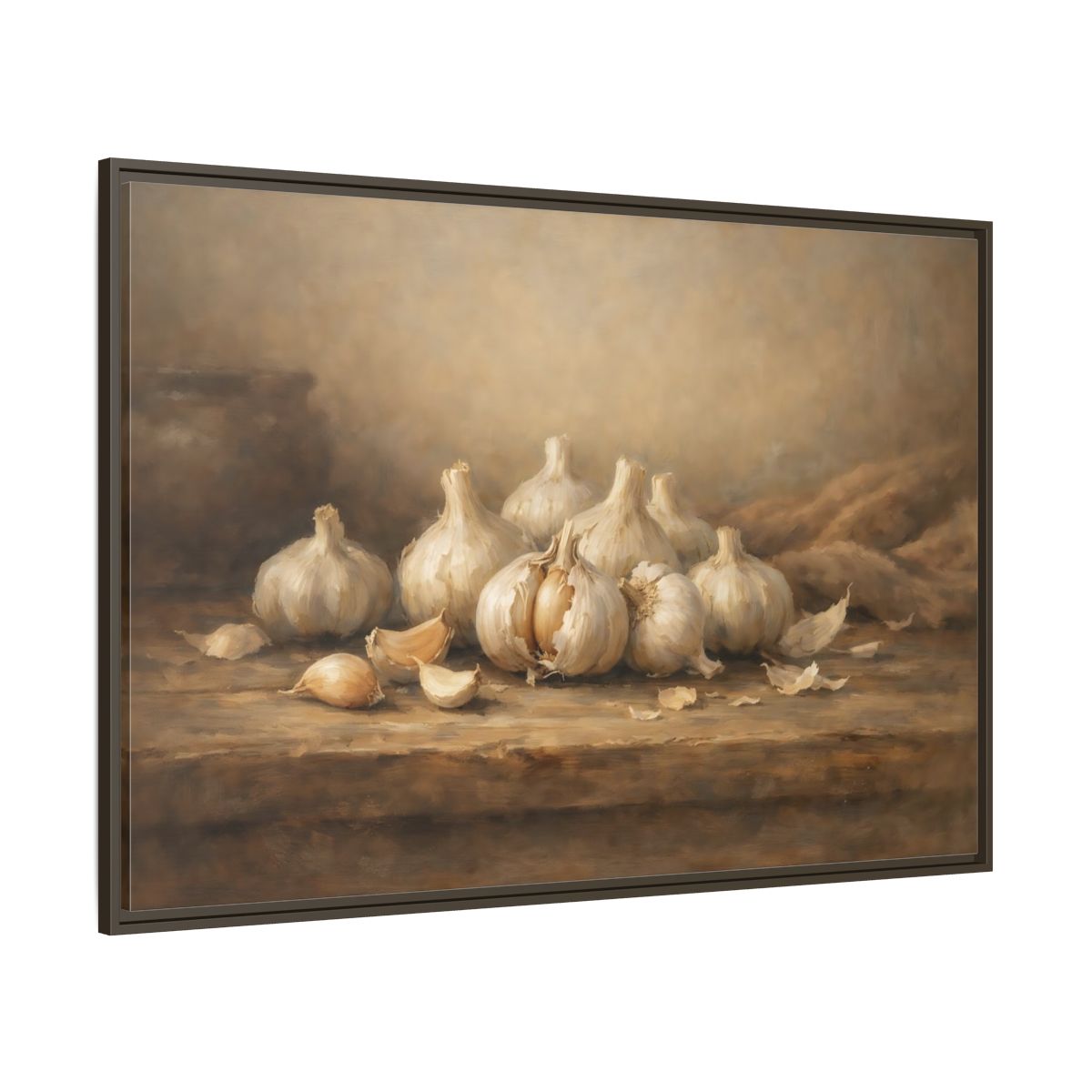 Main Mockup. Nature Garlic Brown And Cream Garlic shown as stretched canvas wall art