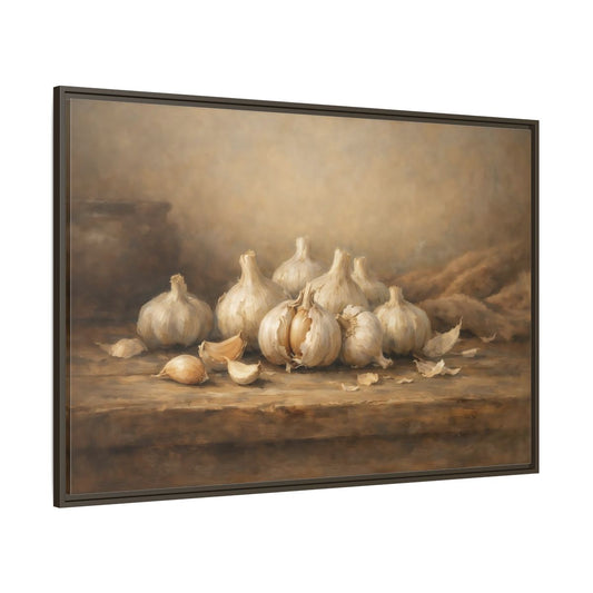 Main Mockup. Nature Garlic Brown And Cream Garlic shown as stretched canvas wall art