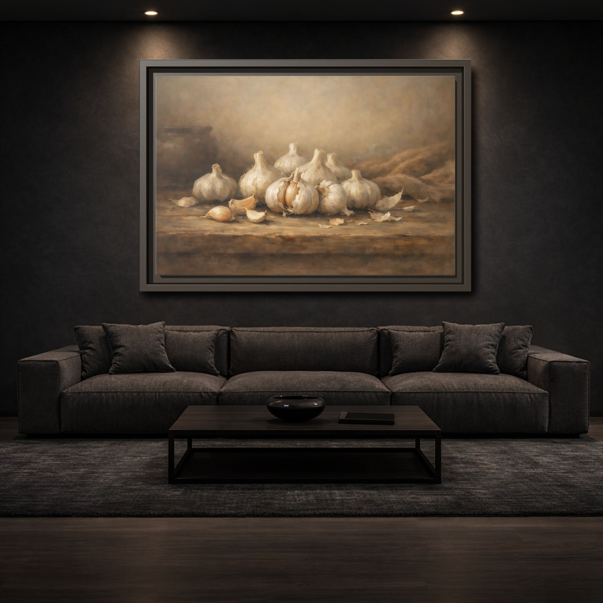 Mockup 2. Nature Garlic Brown And Cream Garlic shown as stretched canvas wall art