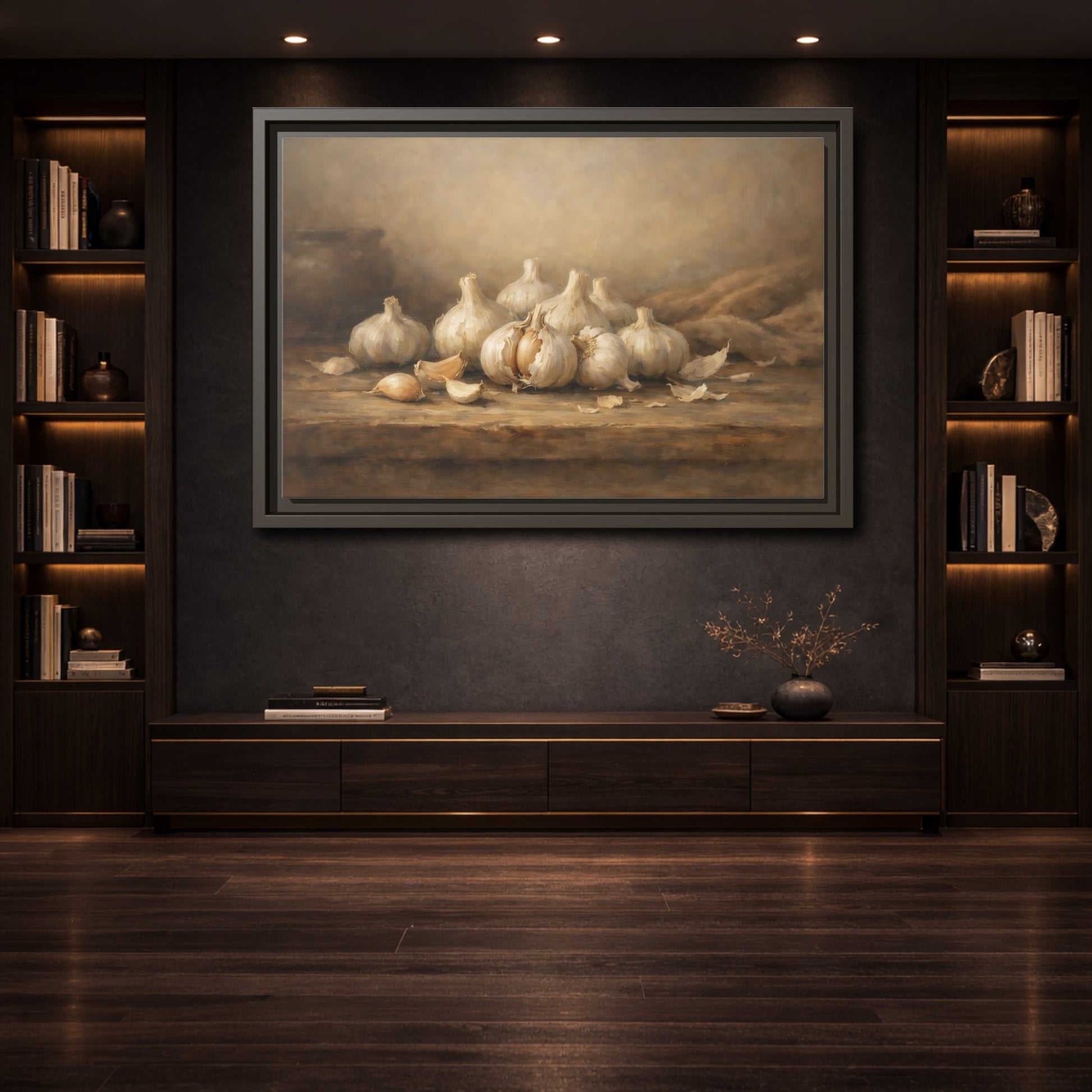 Mockup 3. Nature Garlic Brown And Cream Garlic shown as stretched canvas wall art