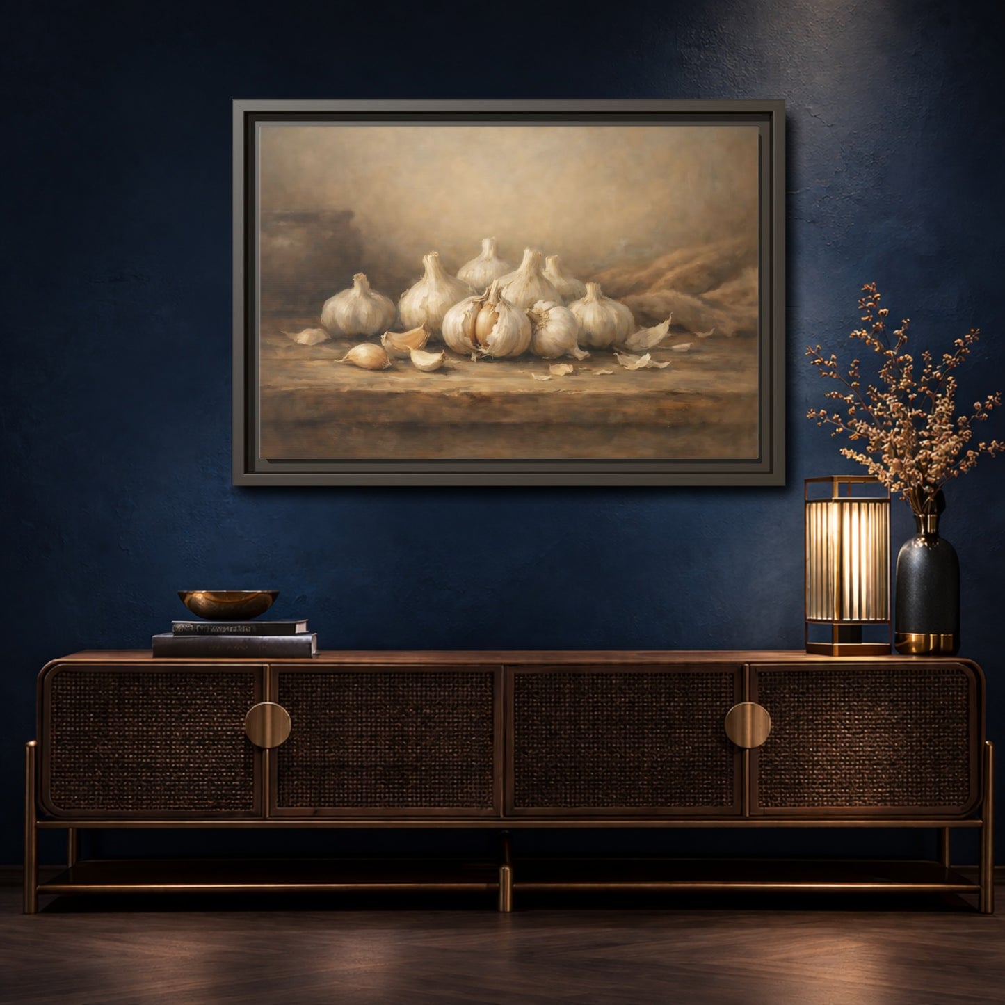Mockup 4. Nature Garlic Brown And Cream Garlic shown as stretched canvas wall art