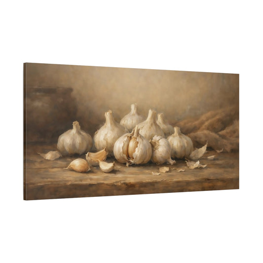 Main Mockup. Nature Garlic Bulbs Brown And White shown as stretched canvas wall art