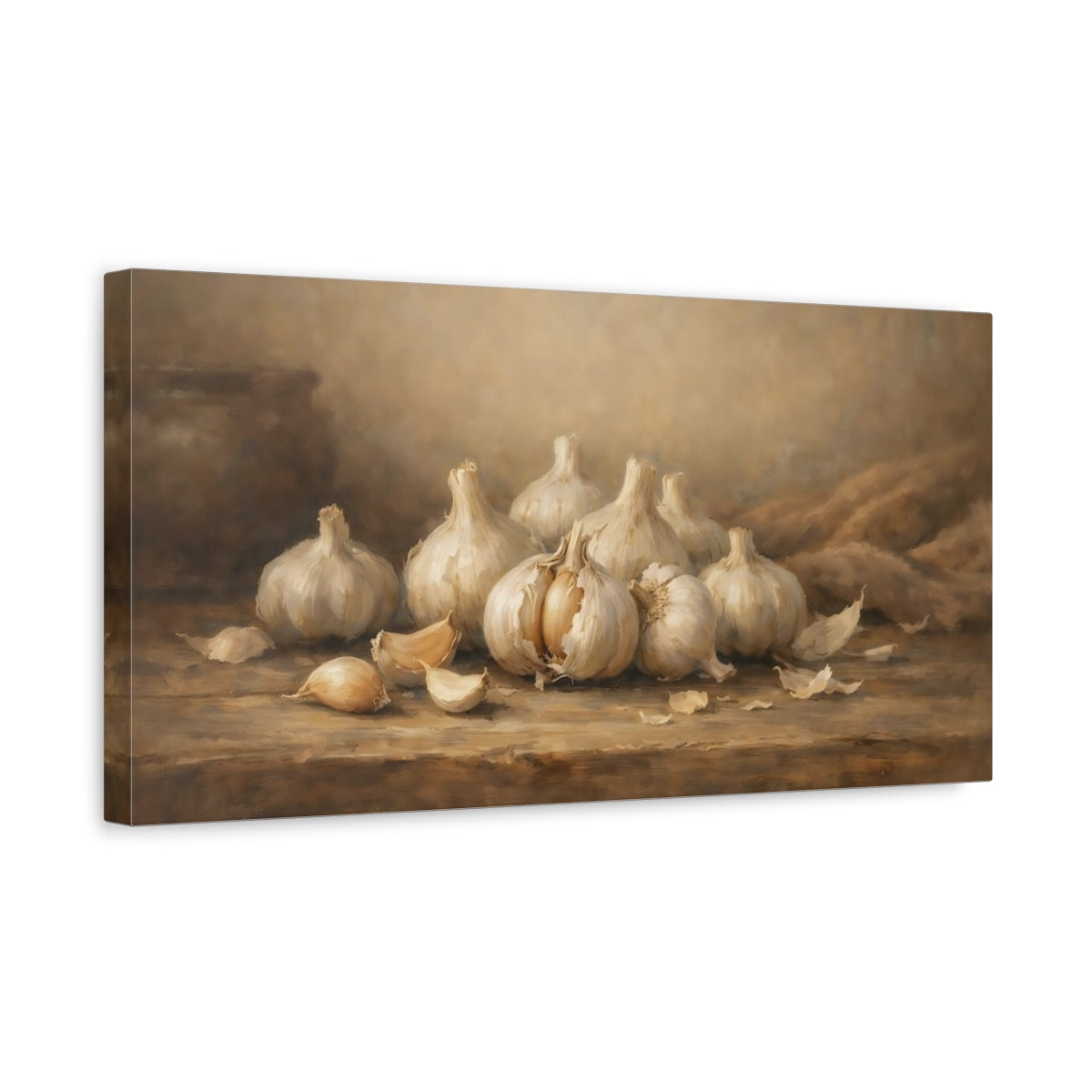 Side Mockup 3. Nature Garlic Bulbs Brown And White shown as stretched canvas wall art