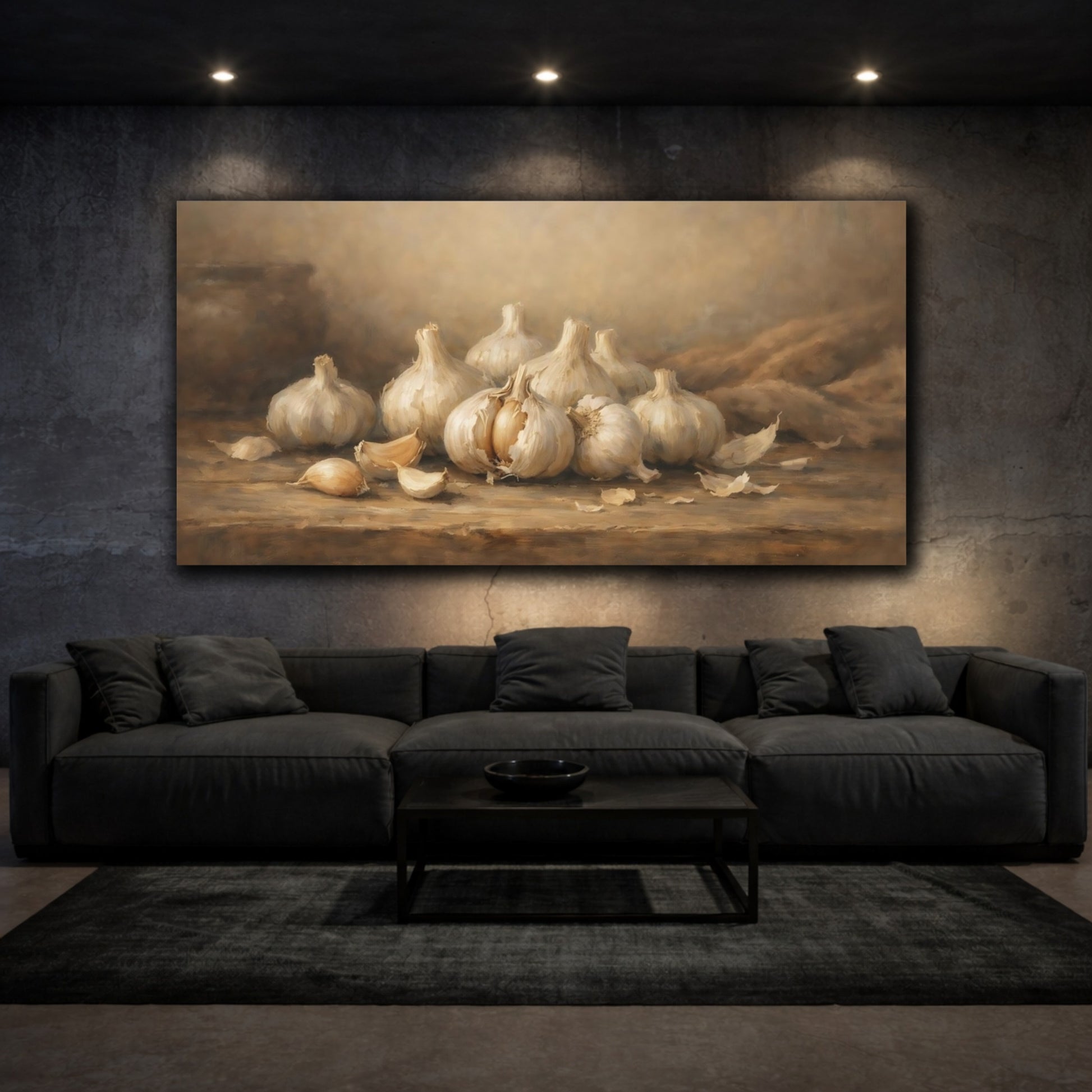 Mockup 2. Nature Garlic Bulbs Brown And White shown as stretched canvas wall art