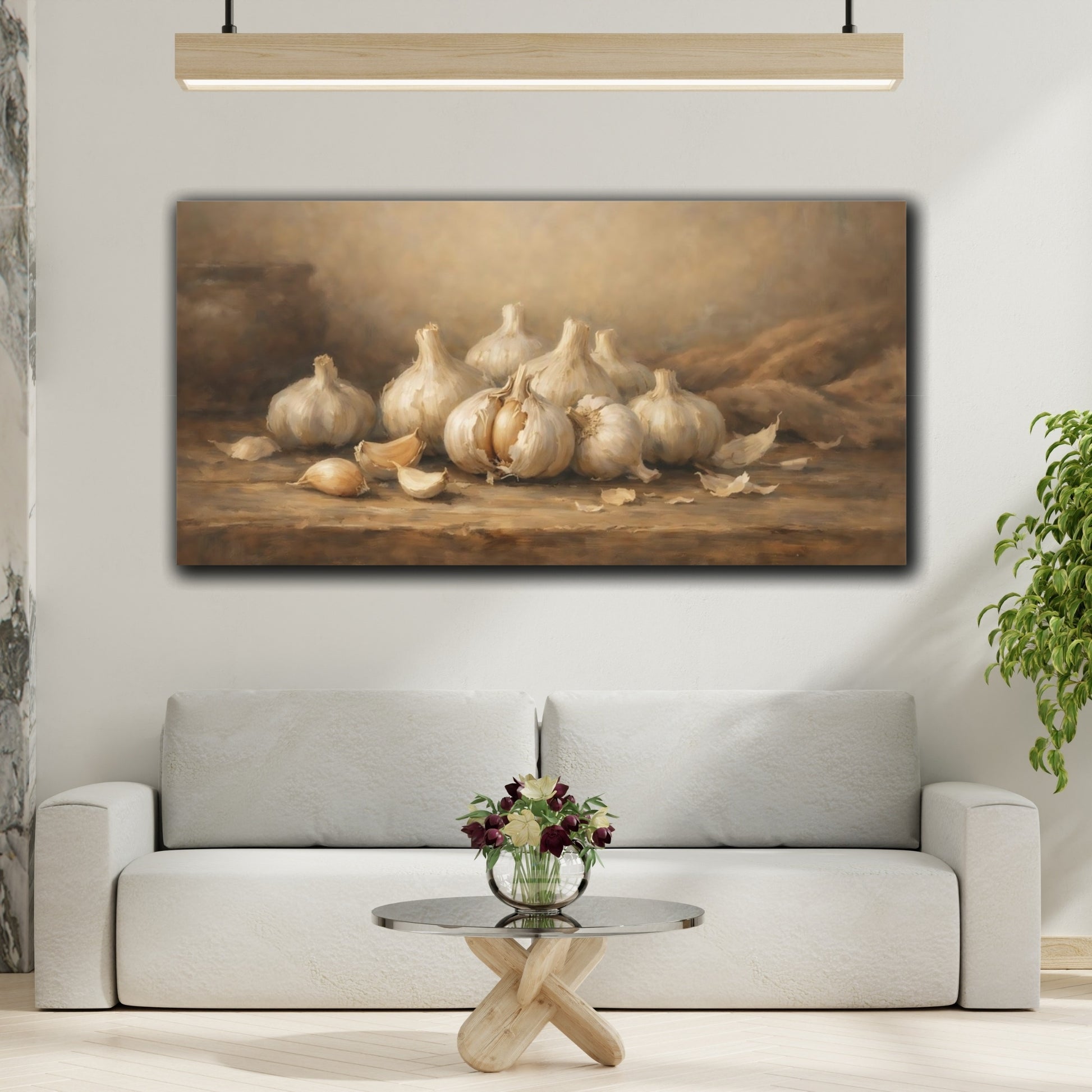 Mockup 3. Nature Garlic Bulbs Brown And White shown as stretched canvas wall art