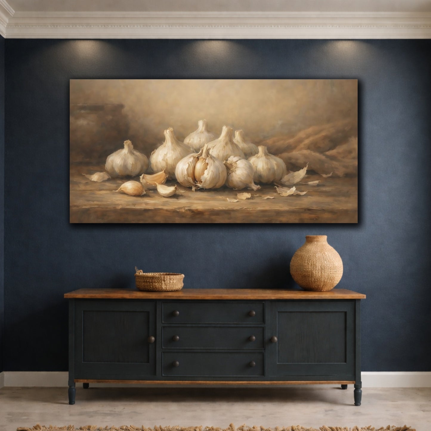 Mockup 4. Nature Garlic Bulbs Brown And White shown as stretched canvas wall art