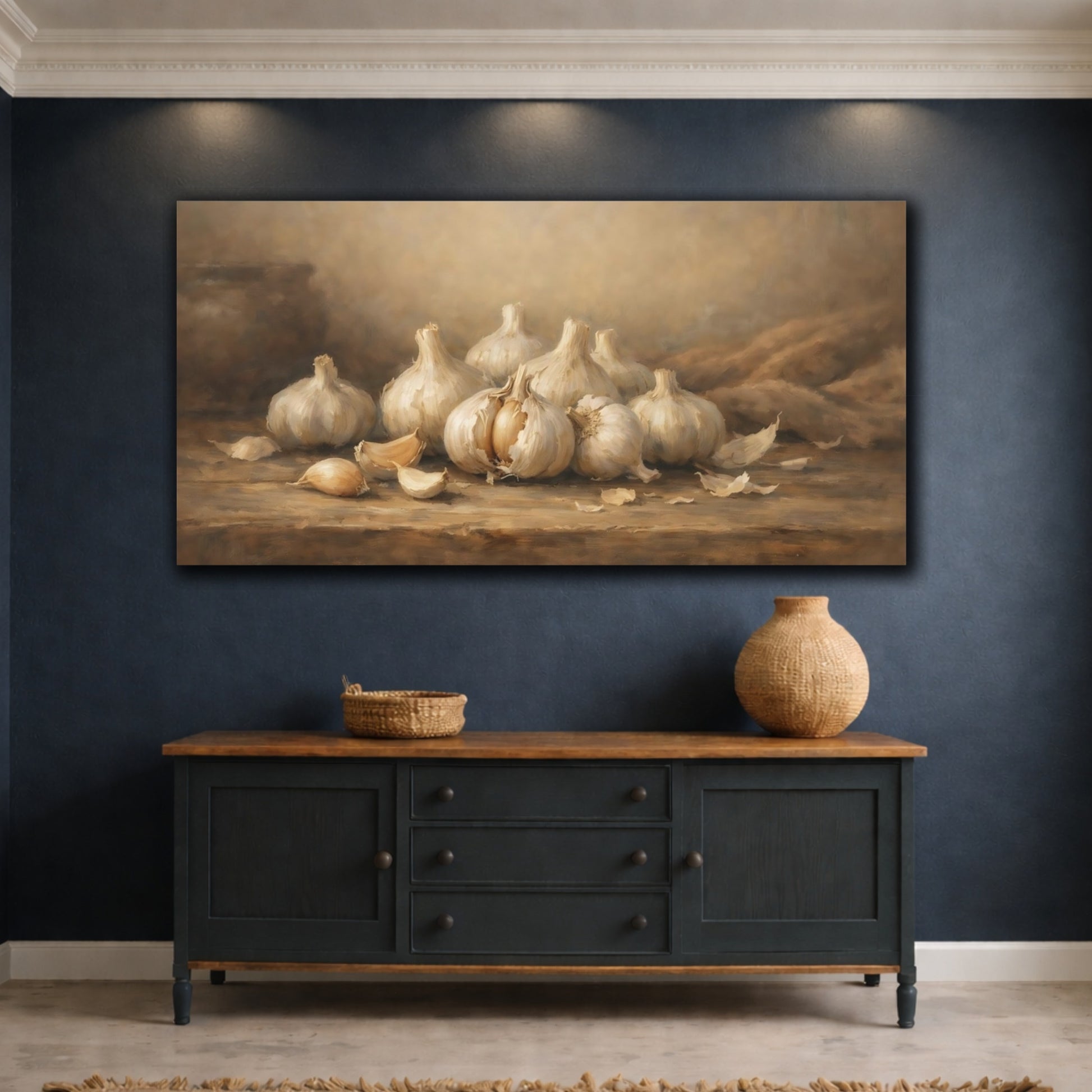 Mockup 4. Nature Garlic Bulbs Brown And White shown as stretched canvas wall art