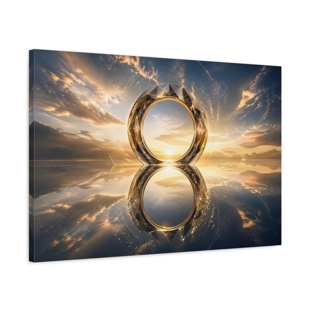 Side Mockup 2. Nature Geometric Ring Gold And Blue Sunset shown as stretched canvas wall art
