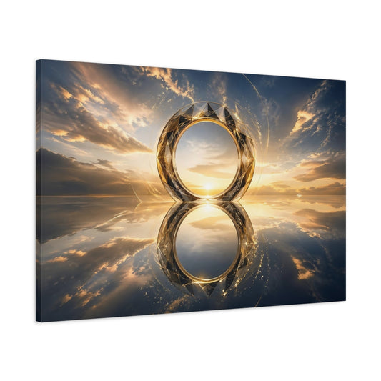 Main Mockup. Nature Geometric Ring Gold And Blue Sunset shown as stretched canvas wall art