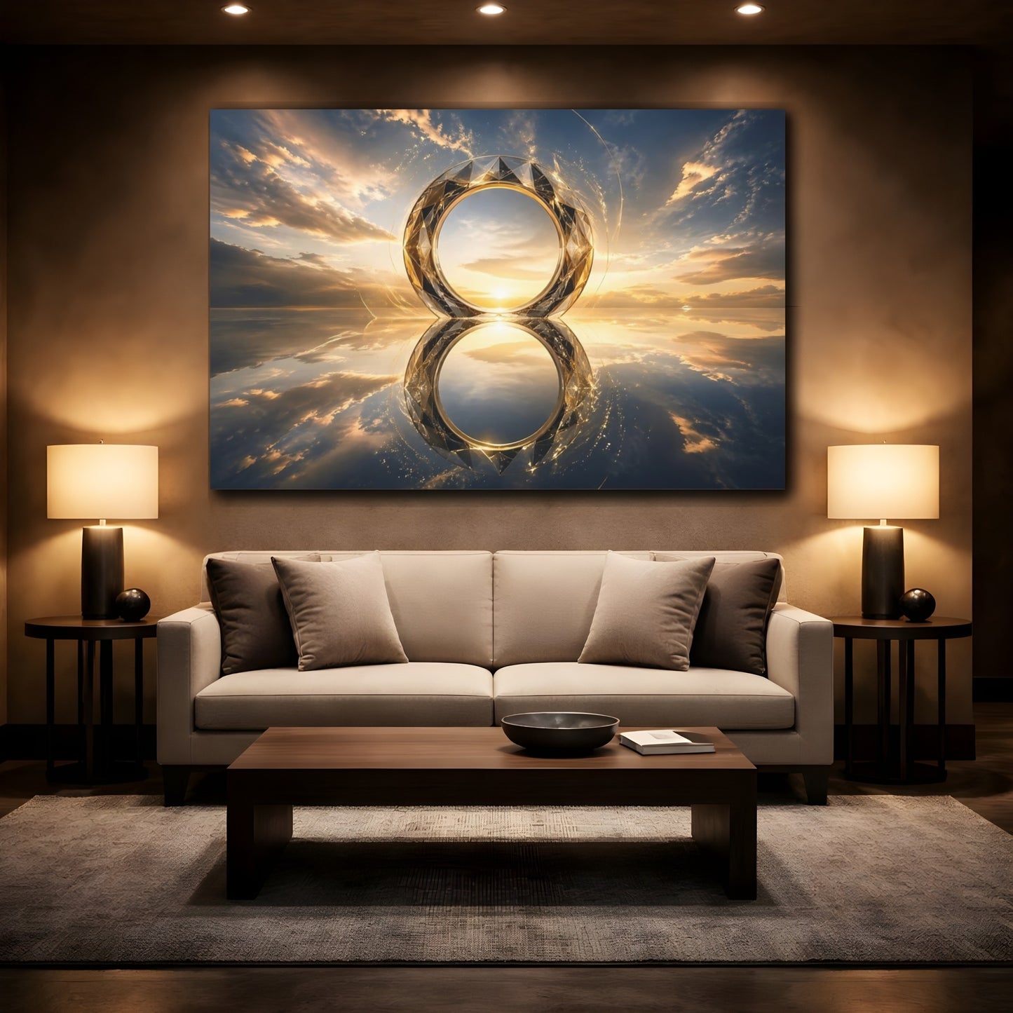 Mockup 2. Nature Geometric Ring Gold And Blue Sunset shown as stretched canvas wall art