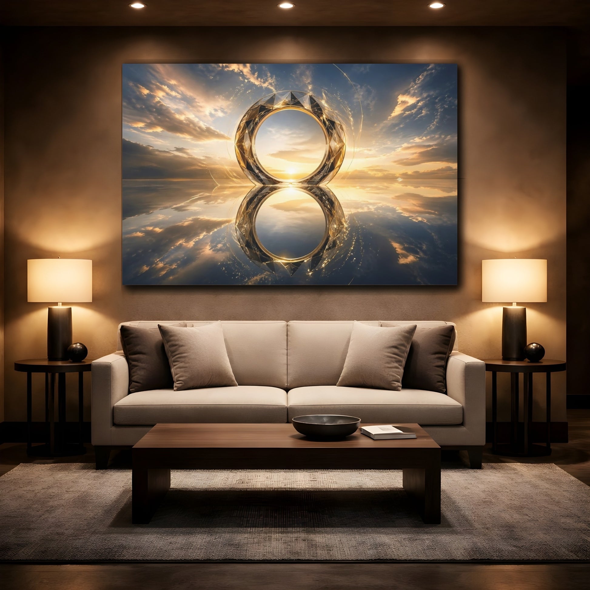 Mockup 2. Nature Geometric Ring Gold And Blue Sunset shown as stretched canvas wall art