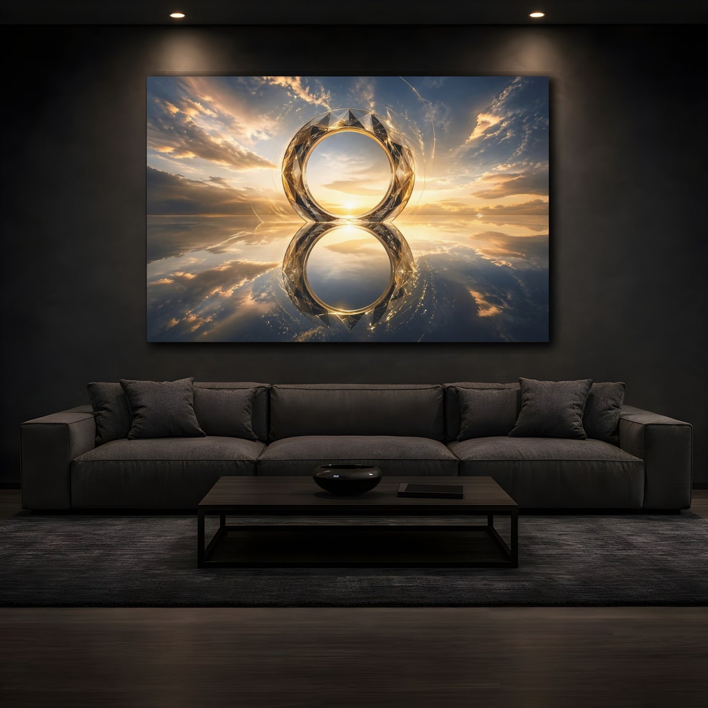 Mockup 3. Nature Geometric Ring Gold And Blue Sunset shown as stretched canvas wall art